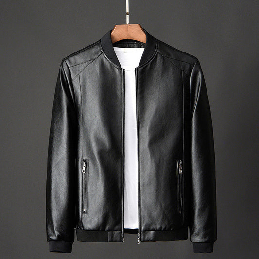 Men’s Smooth Faux Leather Ribbed Collar Bomber Jacket