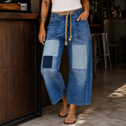 Women’s Cropped Patchwork Wide-Leg Utility Jeans