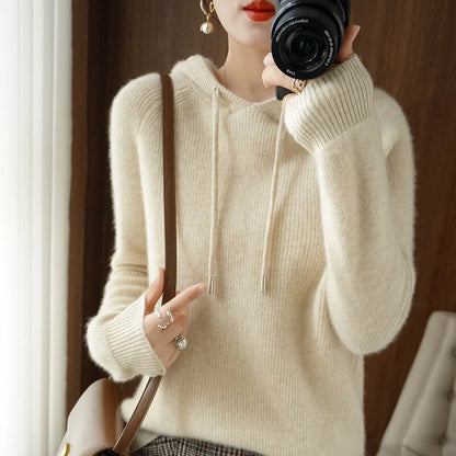 Women’s Relaxed Cashmere Knit Drawstring Hooded Pullover