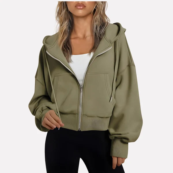 Women’s Cropped Zip-Up Hooded Jacket with Drawstring Detail