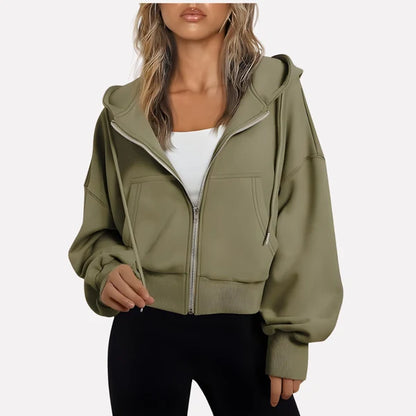 Women’s Cropped Zip-Up Hooded Jacket with Drawstring Detail