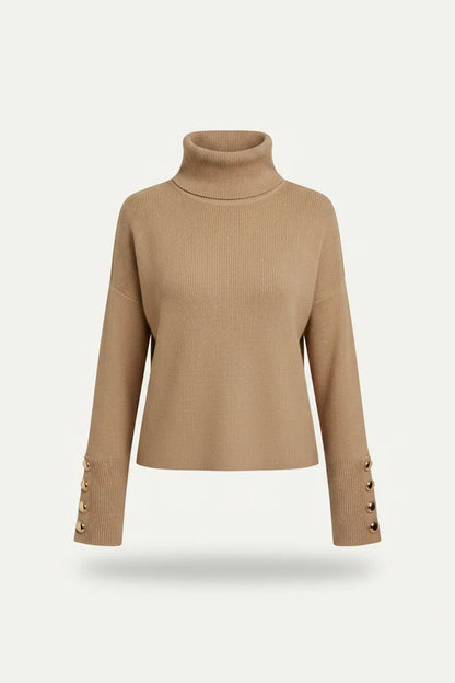 Women’s Ribbed High-Neck Knit Sweater with Decorative Sleeve Buttons