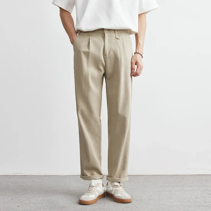Men’s Pleated Straight-Leg Trousers in Soft Ivory
