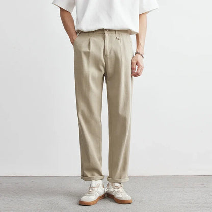 Men’s Pleated Straight-Leg Trousers in Soft Ivory