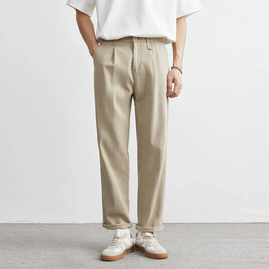 Men’s Pleated Straight-Leg Trousers in Soft Ivory