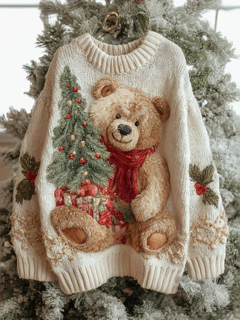 Women’s Christmas Bear and Gift Motif Ribbed Knit Sweater