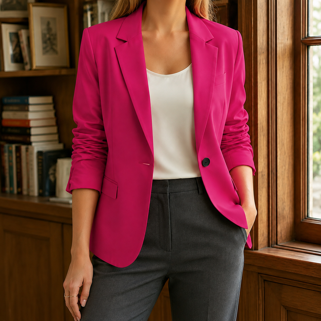 Women’s Hip-Length Blazer with Ruched Three-Quarter Sleeves