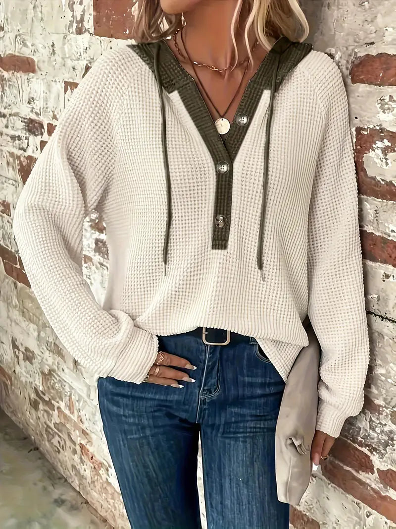 Women’s Waffle Knit Hooded Button-Front Long Sleeve Top