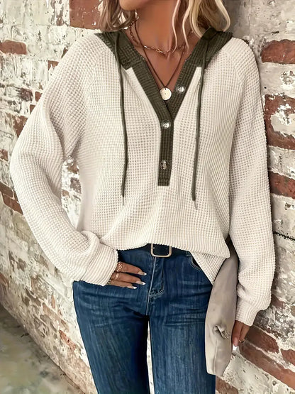 Women’s Waffle Knit Hooded Button-Front Long Sleeve Top