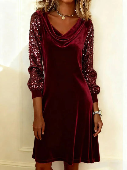 Women's Velvet Dress with Shimmering Sequin Sleeves
