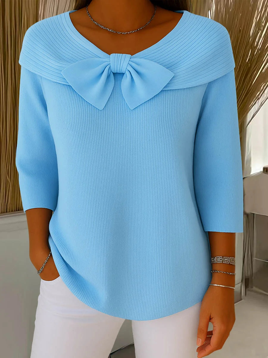 Women’s Bow Neck Detail Relaxed Fit Knit Pullover Sweater